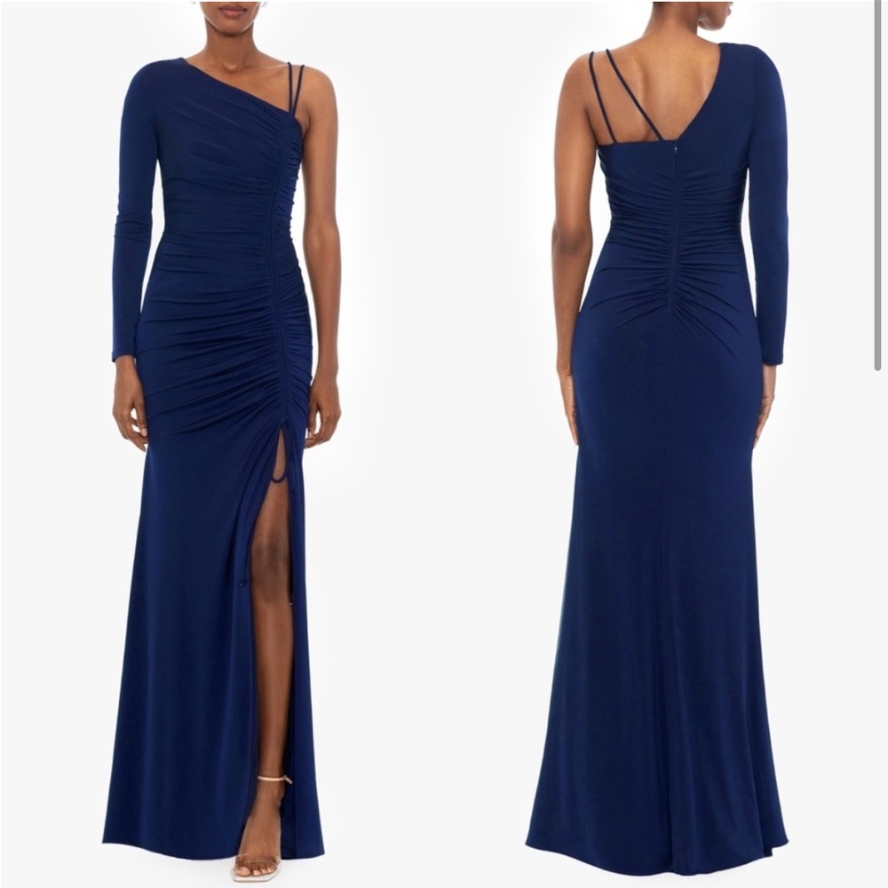 Xscape One Sleeve Ruched Navy Prom Gown Dress
